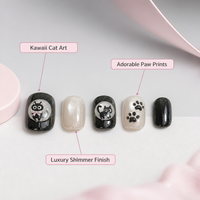 T2015 Ensemble d'ongles artificiels à presser pour femmes, faits main en usine, style French Black Cat Spirit, en acrylique forme amande, vente en gros