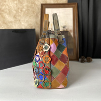 Tas Tangan Wanita Kulit Asli Motif Retro dengan Aplikasi Ritsleting, Lapisan Atas Kulit Sapi, Sambungan Kulit, Kapasitas Besar, Motif Bunga Berwarna-warni