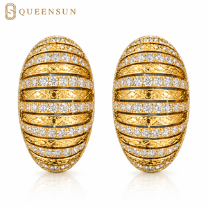 Orecchini a clip francesi a cupola ovale in oro massiccio 9K, con strisce a coste e pavé diagonale, gioielli di lusso di alta qualità per donna, regalo per feste - Product Image 1