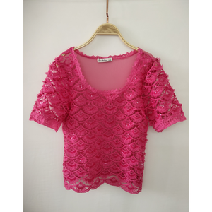Camicetta di moda da donna in pizzo con motivo ricamato a mano rosa brillante a maniche corte top all'ingrosso o di acquisto all'ingrosso - Product Image 1