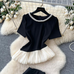 Women's Haute Summer Beaded Round Neck Irregular Short Sleeve Top High Waisted Wrap Hip <b>Skirt</b> 2 Piece Set Fashion - Product Image 2