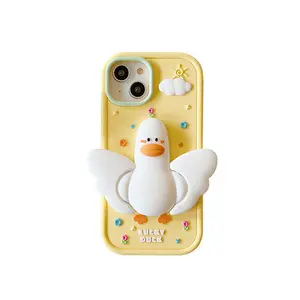 Joli petit canard avec support dessin animé couverture mobile Silicone mignon étui de téléphone pour Apple iPhone 15 14 13 12 pro max 11