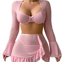 Set Lingerie Seksi Tiga Potong Tanpa Punggung Lengan Panjang Rok Berumbai Tipis ODM Poliester