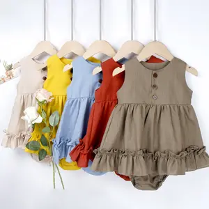 Ins Summer Casual Solid Linen Viscose 2-piece Ruffled Vest Dress Shorts Clothing Set For Little Baby Toddler Kids Girls