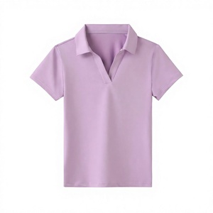 เสื้อโปโลแขนสั้นสีม่วงล้วนสำหรับผู้หญิง เสื้อถักลำลอง ความยาวปกติ - Product Image 3