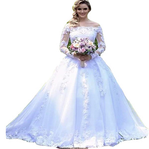 Off The Shoulder Wedding Dress Princess Silhouette Ball Gown White Long Sleeve Lace Train Plus Size Women Bridal Dress - Product Image 4