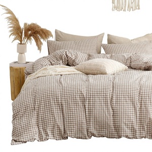 Parure de lit de luxe en coton lavé aspect lin, motif Gingham, douce et respirante, avec taies <span class=keywords><strong>d</strong></span>'<span class=keywords><strong>oreiller</strong></span>, taille Queen, couleur Tan, pour chambre à coucher - Product Image 2