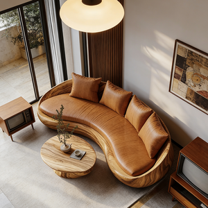 Set di Divani <span class=keywords><strong>in</strong></span> Pelle Curvi Moderni, Base <span class=keywords><strong>in</strong></span> <span class=keywords><strong>Legno</strong></span> Massello di Lusso, Divano Minimalista a Mezzaluna, Arredamento di Design per Soggiorno - Product Image 3
