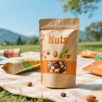 Sachet alimentaire en papier kraft écologique à fond carré avec logo imprimé, fenêtre transparente et fermeture éclair auto-scellante, pochette verticale pour biscuits et noix