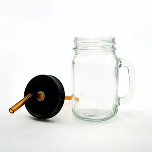 Рекламная стеклянная кружка mason jar объемом 16 унций с металлической крышкой и стеклянной соломинкой