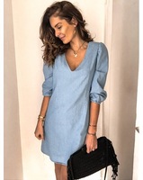 Nouveau été décontracté lâche demi manches robe en jean personnalisé col en v grande taille Blouse Jean robes femmes