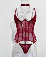 Ensemble de lingerie sexy pour femmes, body corset trois points rétro de luxe en satin rouge vin avec armatures et jarretelles