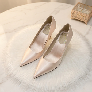 Chaussures de mariée pour mariage, été, extérieur, blanches, talons hauts pour femmes, escarpins en satin, chaussures de demoiselle d'honneur champagne - Product Image 1
