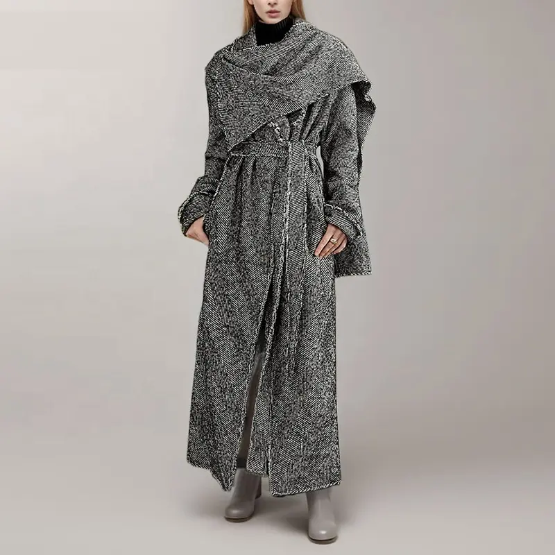 OUDINA New Long Winter Tweed Shawl Coat Waist Slimming Design Stitching Lace-up Windbreaker Coats For Ladies