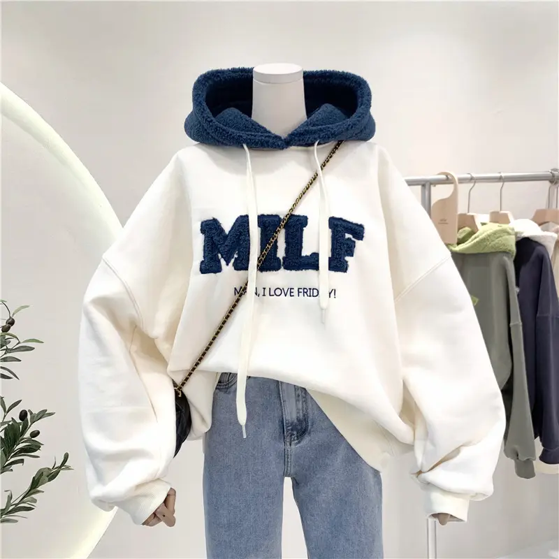 Letter Stitching Lamb Hair and Velvet bf Wind Hooded Sweater Sweatshirts Womens Oversized Hoodies