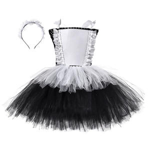 Vestido de sirvienta de alta calidad para niñas, estilo coreano, gasa negra, vestido tutú de Cosplay de Halloween con diadema para niños - Product Image 2