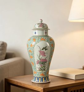 Vaso Antico da Collezione in Porcellana Cantonese Famille Rose con Motivo a Spirale <span class=keywords><strong>Turchese</strong></span>, Finestra Aperta e Fiore di Loto, Vaso per Zenzero con Coperchio - Product Image 2