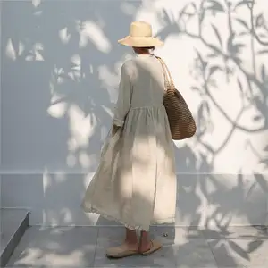 High Quality Soild Color Loose Dress Wrinkle Maxi French Cotton Linen Summer Long V Neck Dresses Women Autumn Casual Long Sleeve