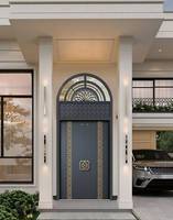 Porte d'entrée pivotante moderne en aluminium, style industriel chic, bandes lumineuses LED bleues, double porte de luxe, résistante au vent et à l'eau