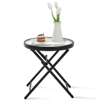 Table d'appoint pliante d'extérieur en verre, métal et acier, table ronde de jardin en verre avec motif vague d'eau