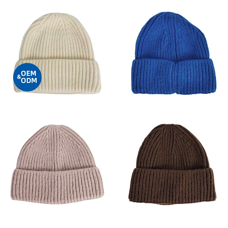 Vente en gros de haute qualité Logo personnalisé couleur unie Crochet à revers Beanie Cap hiver tricoté chapeaux pour unisexe