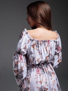 Sıcak satış 2025 yeni kadın kapalı omuz çiçek baskı elbise alevlendi uzun kollu elastik bel Ruffled Hem Bohemian parti Mini elbise - Product Image 2