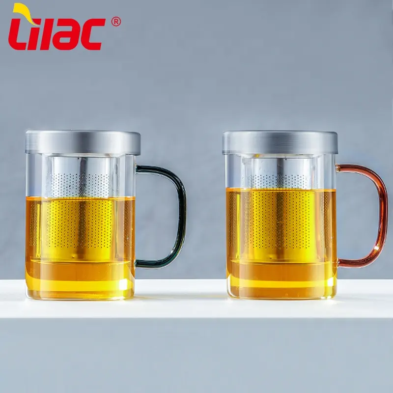 Lilac BSCI SGS LFGB 460 ml Tee-/Kaffeebecher hitzebeständiger 15oz Glasbecher mit farbigem Griff