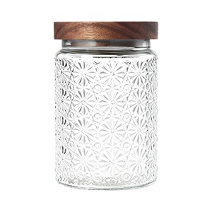 Vintage Frosted Glass 1 Gallon High Borosilicate Airtight <b>Storage</b> <b>Jar</b> Acacia Lid Tube Shape <b>Kitchen</b> Use Clear Glass Condiments - Product Image 1