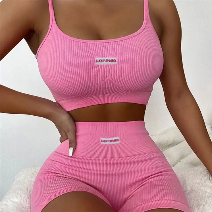 Summer Sets Wholesale Customs Logo Casual Ribbed Outfits Tracksuits Yoga Camis Crop Top Shorts Pants Two Piece Set For Women