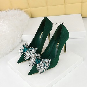 Zapatos de tacón alto de moda para mujer, de tacón fino, de ante, con punta poco profunda, lazo de diamantes de imitación, zapatos individuales - Product Image 3