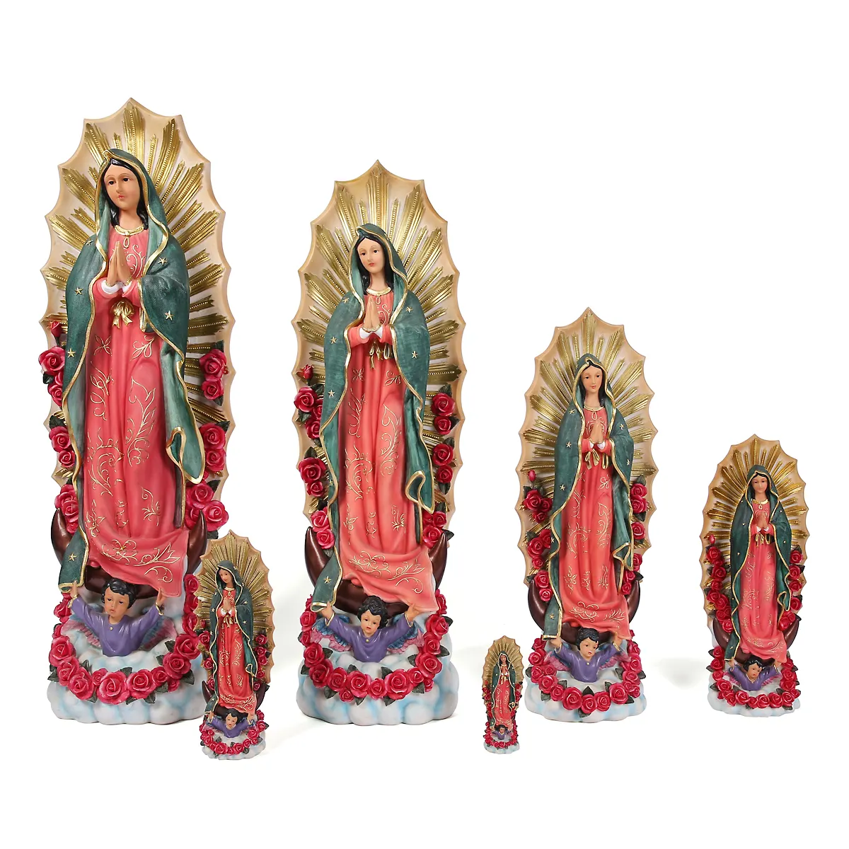 Decoración de resina personalizada Varios tamaños estatuilla religiosa católica tamaño real estatua de Nuestra Señora de Guadalupe