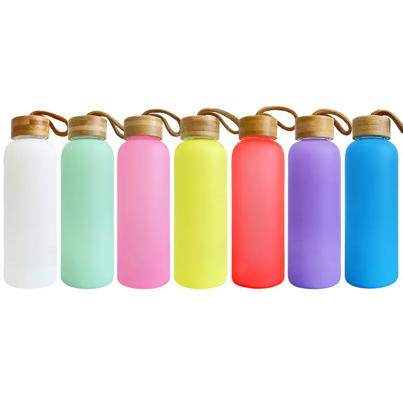 wholesale Hot Sale 500 ml 750 ml Sublimation Frosted Mixed Color Ombre Glass Sports Water Bottle With Bamboo Lid