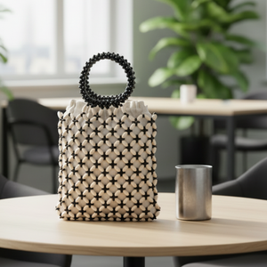 Bolso de mano de cuentas de madera hecho a mano, estilo retro, tejido, para mujer, vintage, hueco, de verano, para playa, con cordón y forro. - Product Image 1