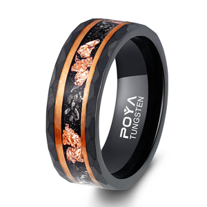 POYA Meteorit Altın Yaprak Düğün Yüzüğü 8mm Çekiçlenmiş Erkek Siyah Benzersiz Tungsten Nişan Yüzükleri - Product Image 2