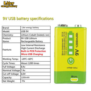 <span class=keywords><strong>Batteria</strong></span> <span class=keywords><strong>Ricaricabile</strong></span> Personalizzata <span class=keywords><strong>9V</strong></span> 1200mAh agli Ioni di Litio con Porta di Ricarica e Scarica Micro USB - Product Image 4