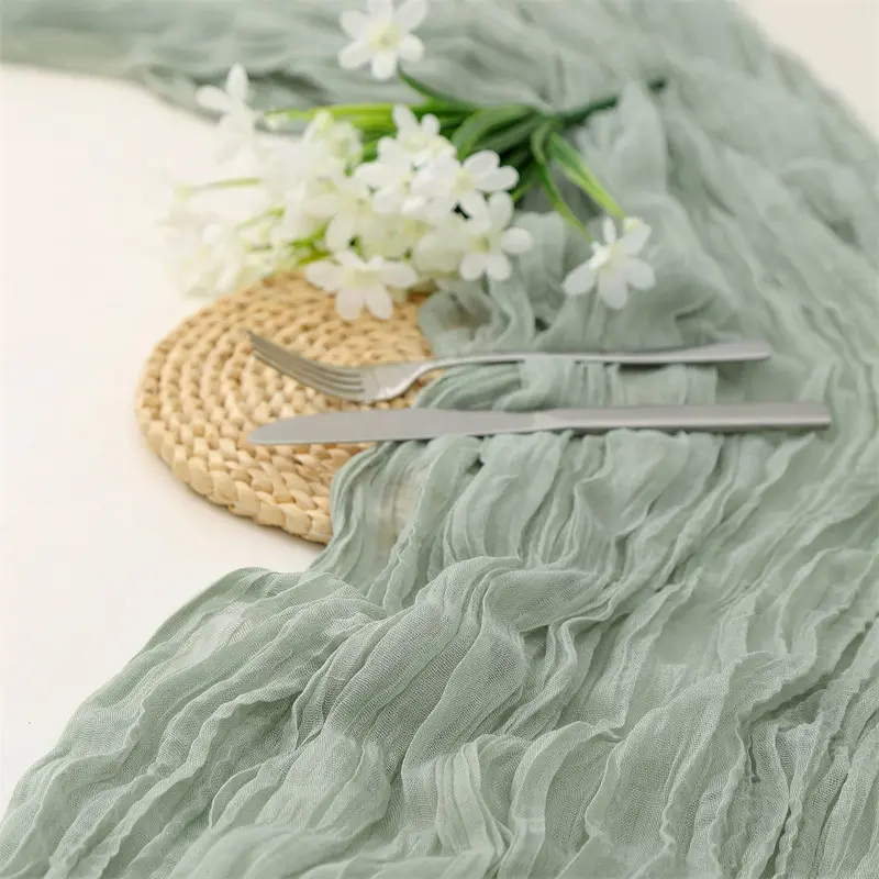 Boho handmade cloth dinner decoration banquet party wedding cotton gauze cheesecloth table runner 90x400cm with Fringe