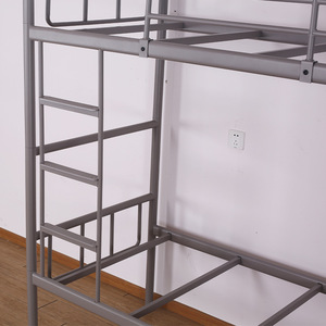 Steel <b>Bunk</b> <b>Bed</b> Grey Round Tube Frame Double Layer Dormitory <b>Bed</b> With Straight <b>Ladder</b> Bedroom Use - Product Image 1