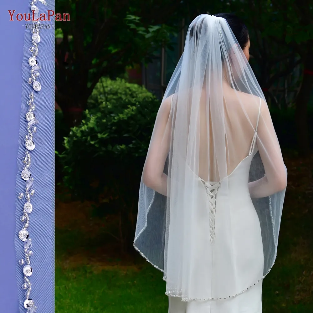 YouLaPan V155 Custom Length White Ivory Wedding Accessories Cathedral Crystal Edge Wedding Veil Single Layer Bridal Veil