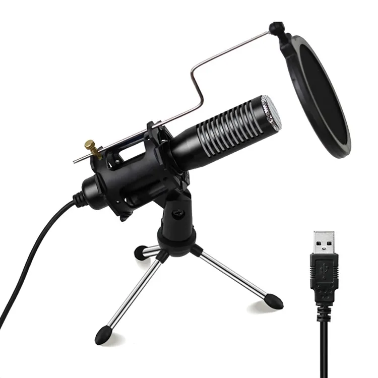 Mini USB Wired Condenser Microphone PC Laptop Games Mic with Tripod Stand Shock Mount Pop Filter for Broadcast Live Streaming