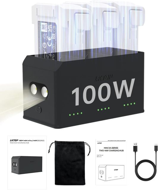100W Mini 4 Pro/Mini 3 Series Battery Charging Hub Two-Way LED Lights Alarm Mode Multi-Function Integrated Charger with Holder