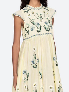 Robe midi à manches bouffantes, style ethnique rétro français, à fleurs, avec broderie en point de croix, taille haute, pour femmes - Product Image 2