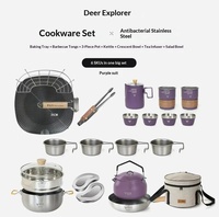 Ensemble de 4 ustensiles de cuisine en acier inoxydable comprenant une marmite (couleur originale), un saladier en forme de croissant, un plat à four, des pinces de barbecue, une théière, couleur argent
