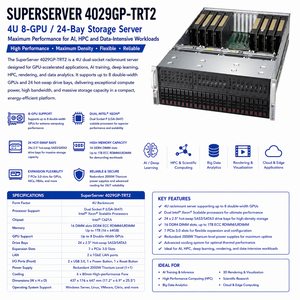เซิร์ฟเวอร์ Supermicro Superserver รุ่น Sys-4029gp-trt2 ขนาด 4U รองรับ GPU แบบ Dual Xeon Scalable 10 24 10Gbe สำหรับ AI, Deep Learning และ HPC Superserver รุ่น Sys-4029gp - Product Image 1