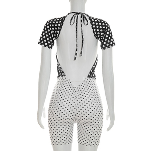 Viviblook D26RP081 Combinaison d'été pour femmes, nouvelle combinaison décontractée sexy à pois, à bretelles, à lacets, à manches courtes pour femmes - Product Image 4