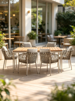 İskandinav Halat Rattan Alüminyum Su Geçirmez Yemek Sandalyesi Veranda Restoran Alüminyum İstiflenebilir Dış Mekan Yemek Sandalyesi Bahçe Otel İçin