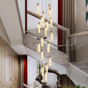 Modern Chinese Style Long Chandelier For Villa Staircase <b>LED</b> <b>Lights</b> Multi Head Copper Pendant <b>Light</b> High Ceiling Loft Duplex - Product Image 1