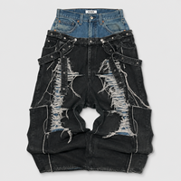 DiZNEW Jeans Baggy Gothique pour Homme, Coupe Large, Multi-Sangles, Effet Délavé, Denim Lourd, Style Darkwear, OEM