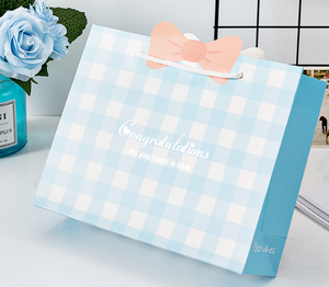 DAMAI Feliz Día de San Valentín, Regalo de San Valentín, Bolsa de Papel Azul con Lazo Rosa y Diseño a Cuadros - Product Image 3