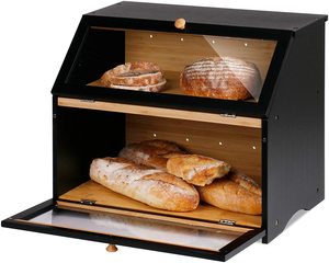 Double Layers Large Bread Box for Kitchen Counter Wooden Large Capacity Bamboo Bread Food Storage Bin