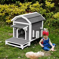 Abri extérieur moderne en bois pour chats avec toit résistant aux intempéries Portes d'évacuation aux étages amovibles Grand balcon-Maison pour chats d'extérieur Chats Chiens